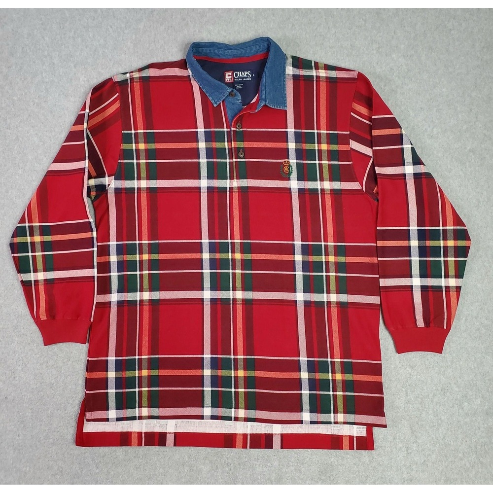 Chaps Ralph Lauren Polo Shirt Mens Large Red Plaid Long Sleeve Denim Collar